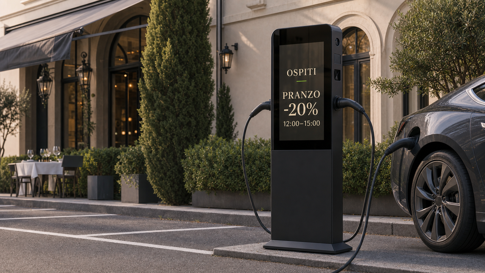 Punto di ricarica nero con display da 37 pollici e due connettori laterali davanti a una location italiana elegante