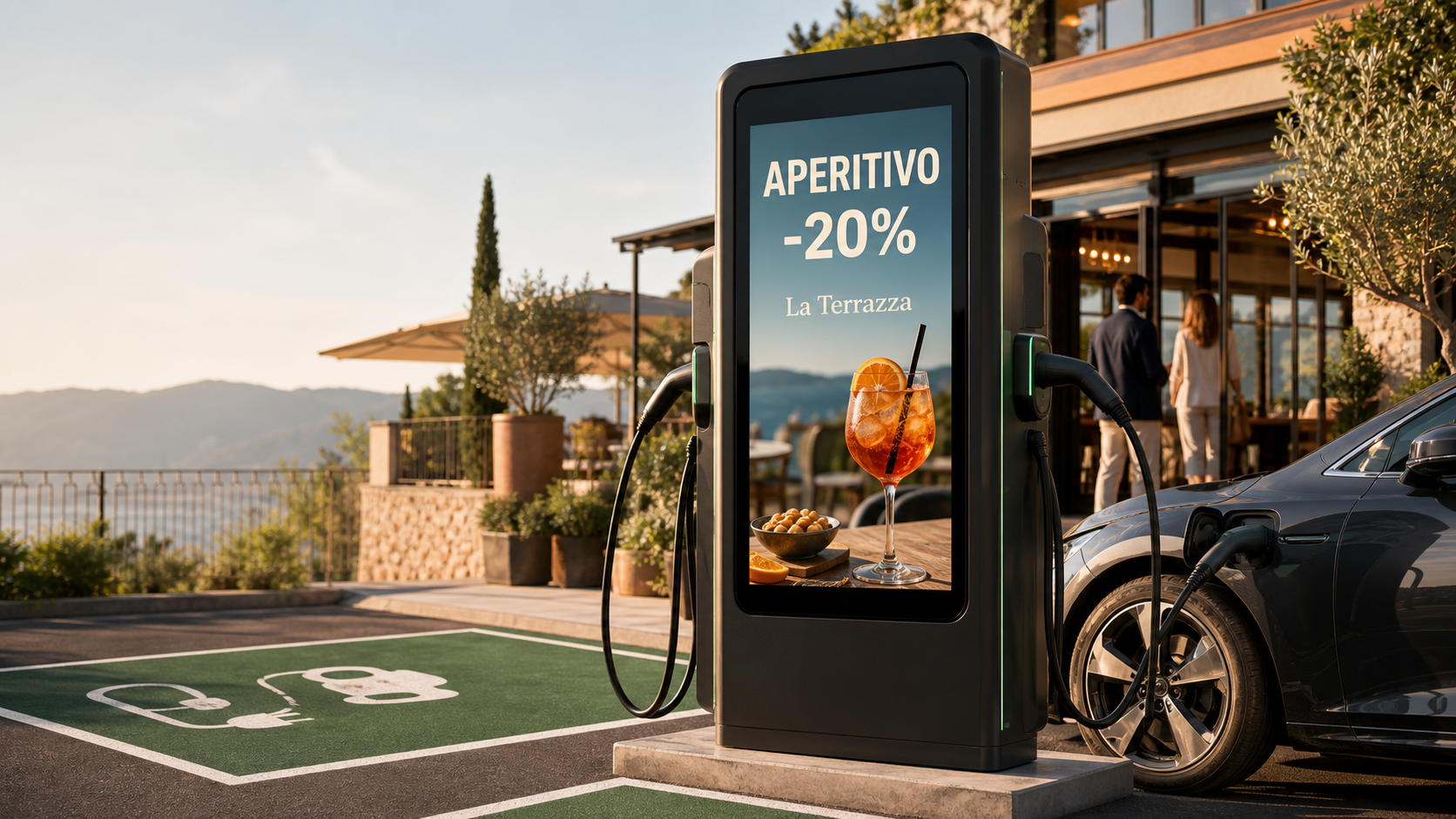 Punto di ricarica con display pubblicitario locale davanti a una location italiana elegante