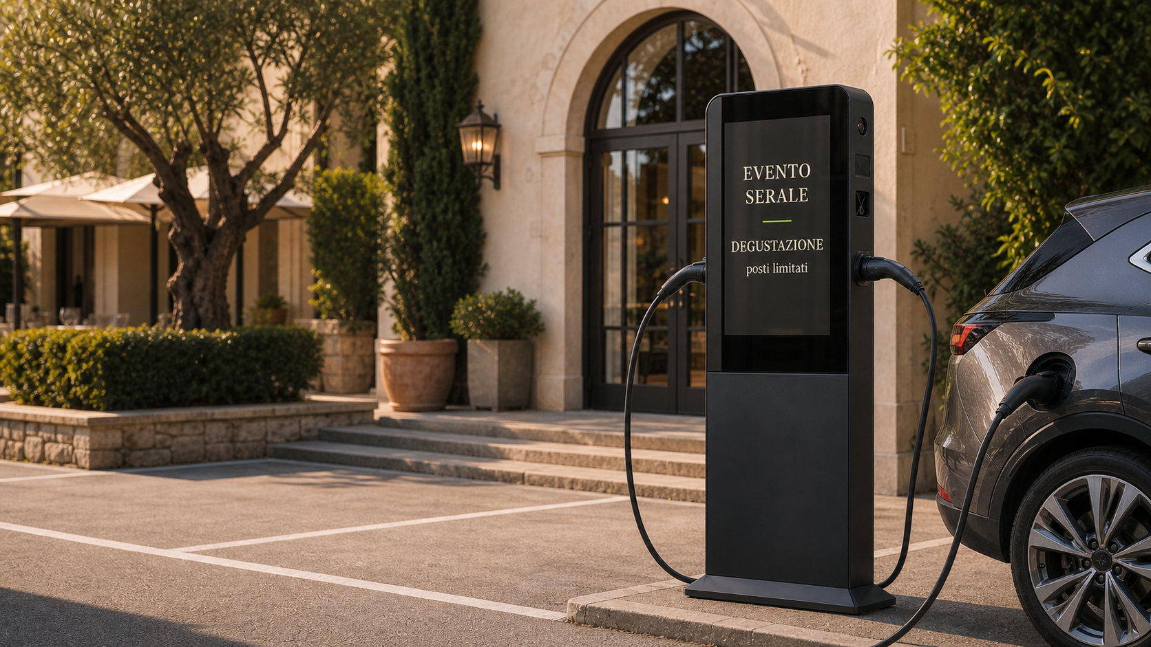 Valutazione di una location italiana con punto di ricarica nero, display da 37 pollici e due connettori laterali